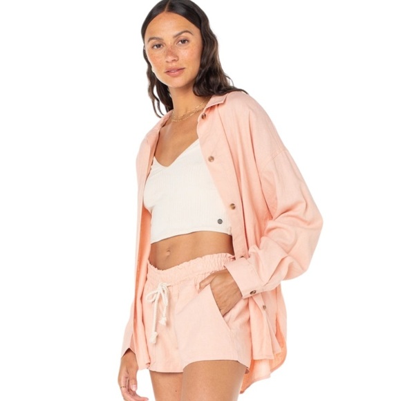 Roxy Women's Morning Time Gauze Linen Pink Button-Up Shirt Sz Large - Picture 11 of 12